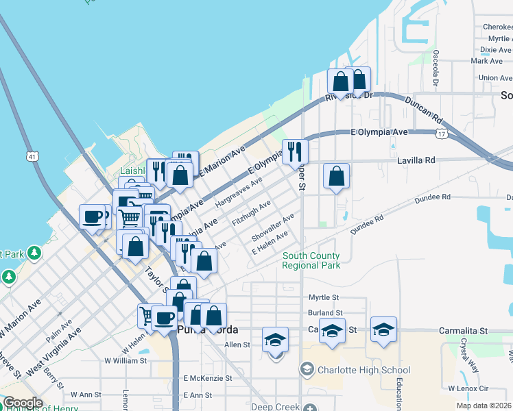 map of restaurants, bars, coffee shops, grocery stores, and more near 517 East Virginia Avenue in Punta Gorda