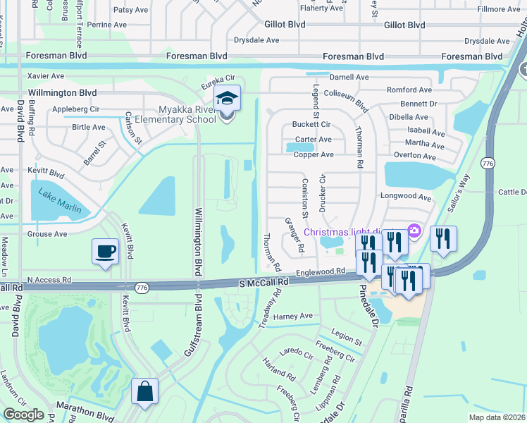 map of restaurants, bars, coffee shops, grocery stores, and more near 6652 Thorman Road in Port Charlotte