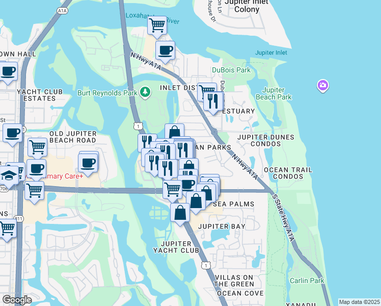 map of restaurants, bars, coffee shops, grocery stores, and more near 201 Ocean Parks Condominium in Jupiter