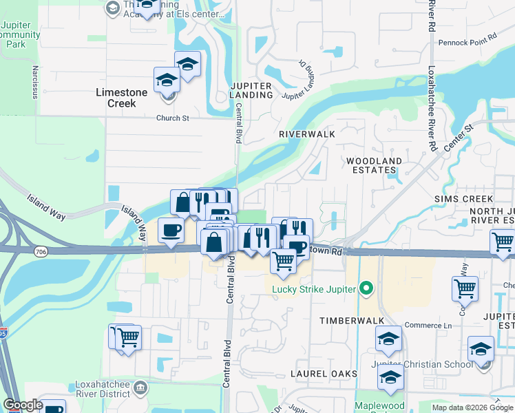 map of restaurants, bars, coffee shops, grocery stores, and more near 6359-2 Riverwalk Lane in Jupiter