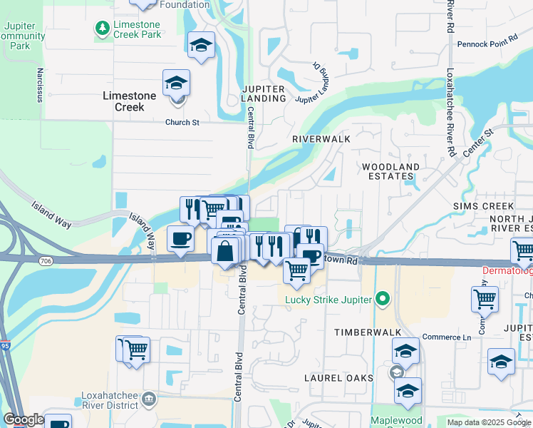 map of restaurants, bars, coffee shops, grocery stores, and more near 6359 Riverwalk Lane in Jupiter