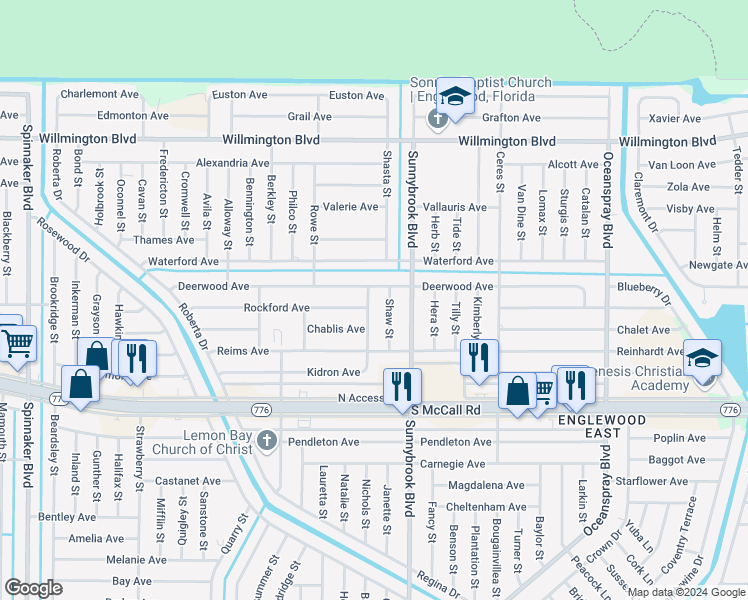 map of restaurants, bars, coffee shops, grocery stores, and more near 10579 Kidron Avenue in Englewood