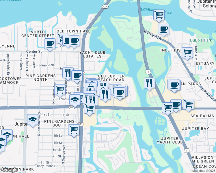 map of restaurants, bars, coffee shops, grocery stores, and more near 205 Diamante Way in Jupiter
