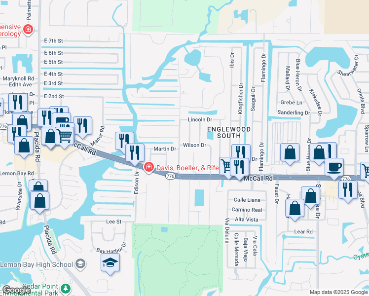 map of restaurants, bars, coffee shops, grocery stores, and more near 1211 Wilson Drive in Englewood