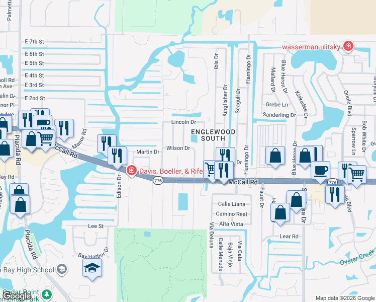 map of restaurants, bars, coffee shops, grocery stores, and more near 1281 Wilson Drive in Englewood