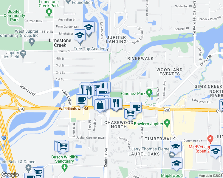 map of restaurants, bars, coffee shops, grocery stores, and more near 6343 Riverwalk Lane in Jupiter
