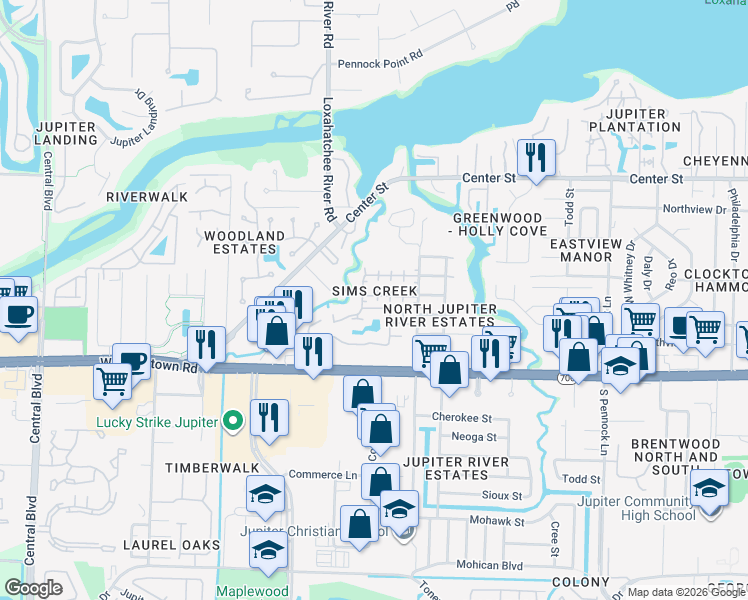map of restaurants, bars, coffee shops, grocery stores, and more near 1324 Arapaho Street in Jupiter