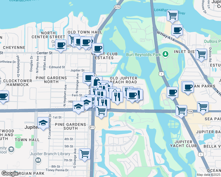 map of restaurants, bars, coffee shops, grocery stores, and more near 200 Old Jupiter Beach Road in Jupiter