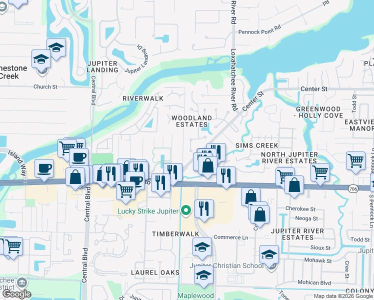 map of restaurants, bars, coffee shops, grocery stores, and more near 5893 Stonewood Court in Jupiter