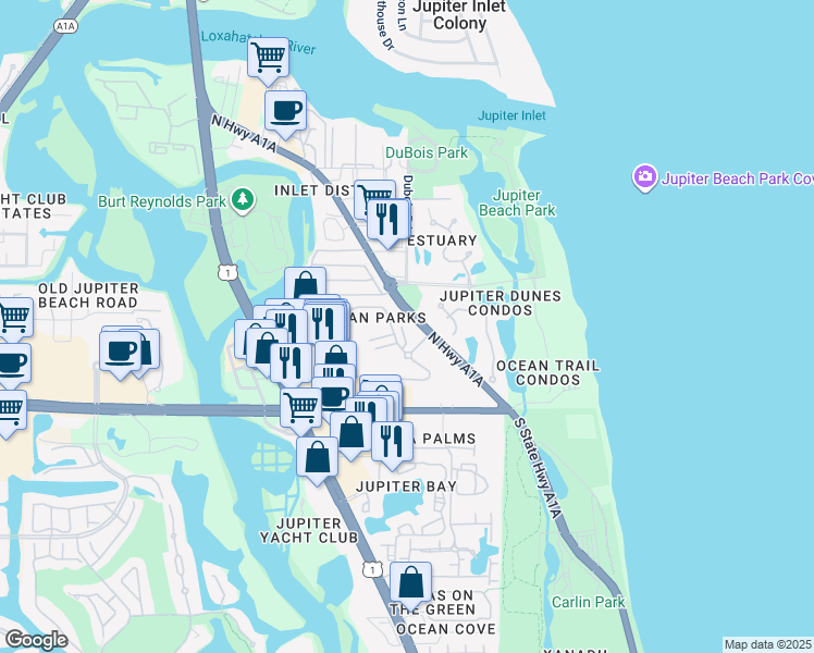 map of restaurants, bars, coffee shops, grocery stores, and more near 400 Florida A1A in Jupiter
