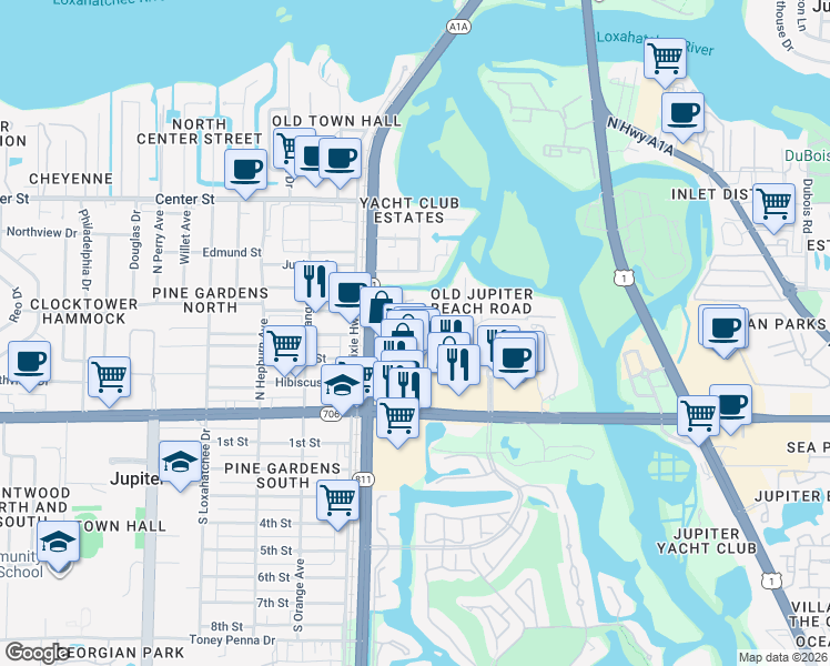 map of restaurants, bars, coffee shops, grocery stores, and more near 200 Old Jupiter Beach Road in Jupiter