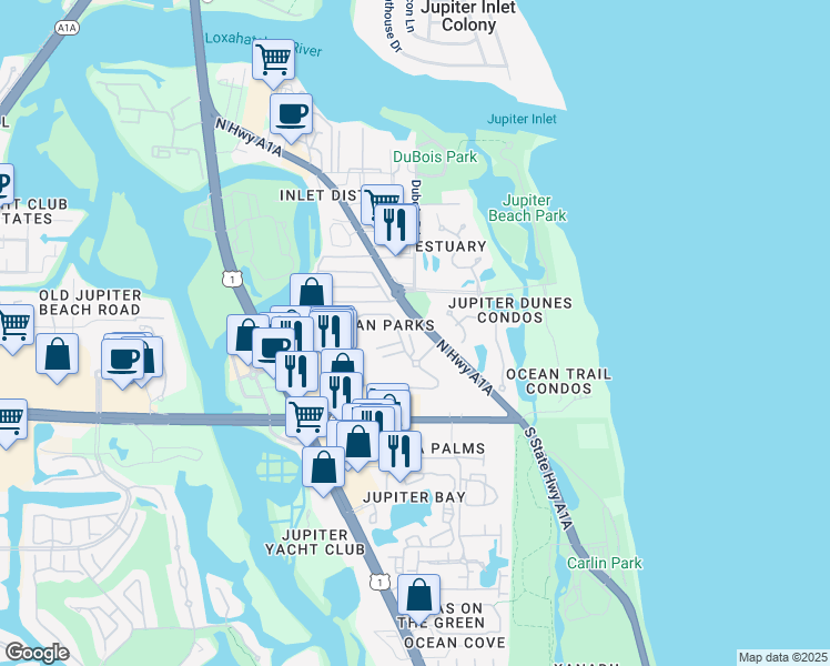 map of restaurants, bars, coffee shops, grocery stores, and more near 400 Florida A1A in Jupiter