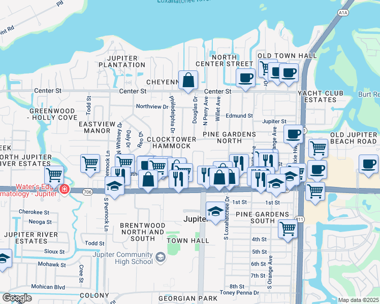 map of restaurants, bars, coffee shops, grocery stores, and more near 260 Clocktower Drive in Jupiter