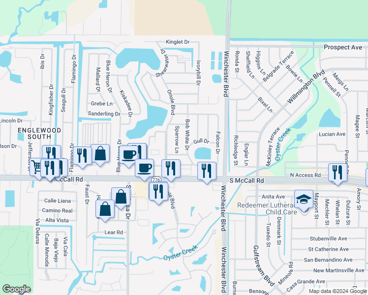 map of restaurants, bars, coffee shops, grocery stores, and more near 6311 Bob White Drive in Englewood