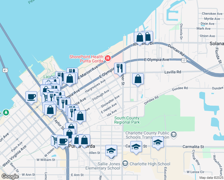 map of restaurants, bars, coffee shops, grocery stores, and more near 452 Mary Street in Punta Gorda