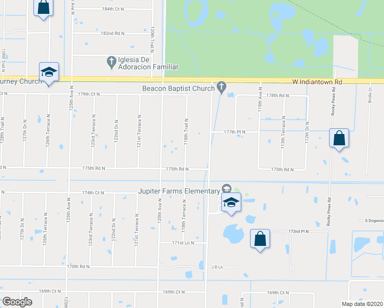 map of restaurants, bars, coffee shops, grocery stores, and more near 17646 118th Trail North in Jupiter