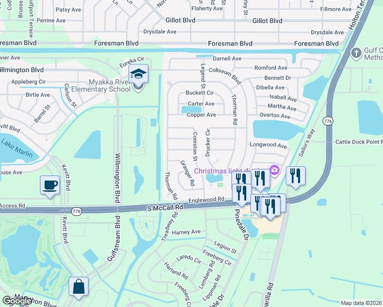 map of restaurants, bars, coffee shops, grocery stores, and more near 6375 Coniston Street in Port Charlotte
