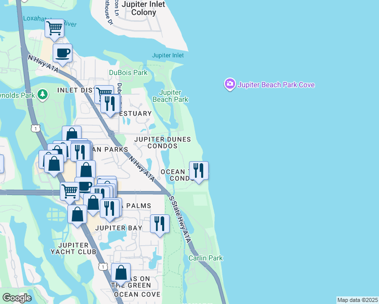 map of restaurants, bars, coffee shops, grocery stores, and more near 300 Ocean Trail Way in Jupiter