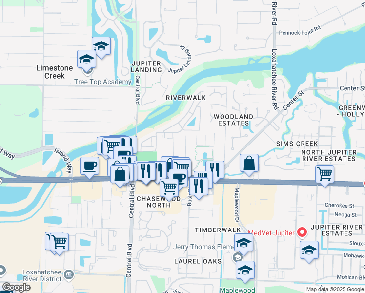 map of restaurants, bars, coffee shops, grocery stores, and more near 17683 Carver Avenue in Jupiter
