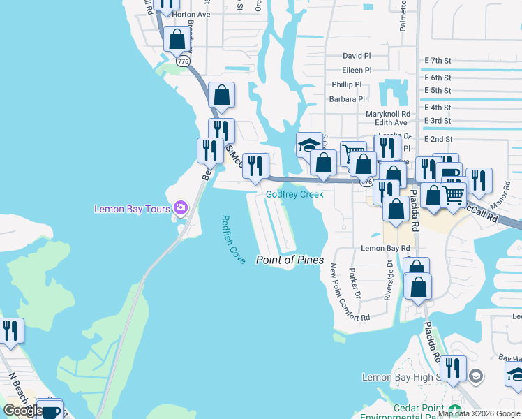 map of restaurants, bars, coffee shops, grocery stores, and more near 1433 Lemon Bay Drive in Englewood