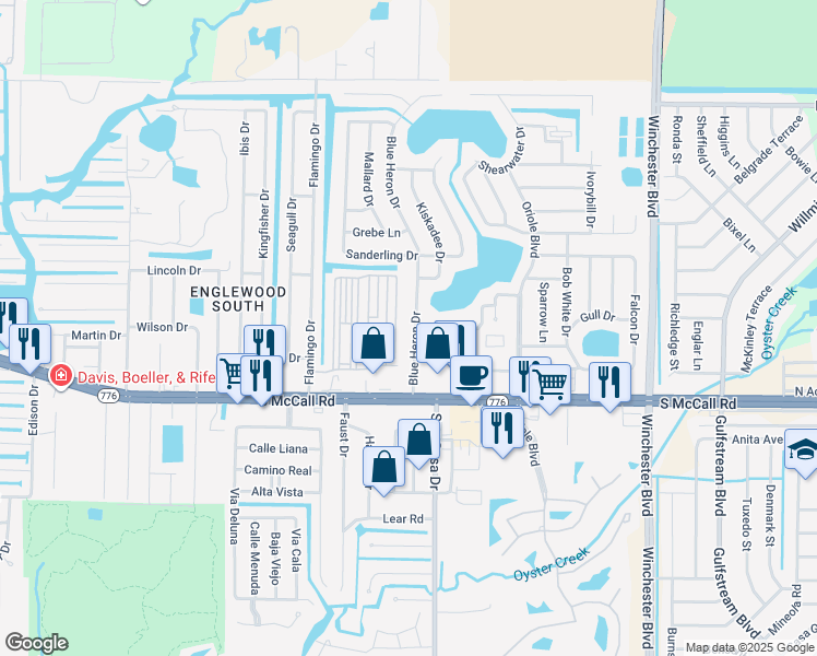 map of restaurants, bars, coffee shops, grocery stores, and more near 1550 Blue Heron Drive in Englewood