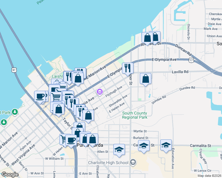 map of restaurants, bars, coffee shops, grocery stores, and more near 517 East Virginia Avenue in Punta Gorda