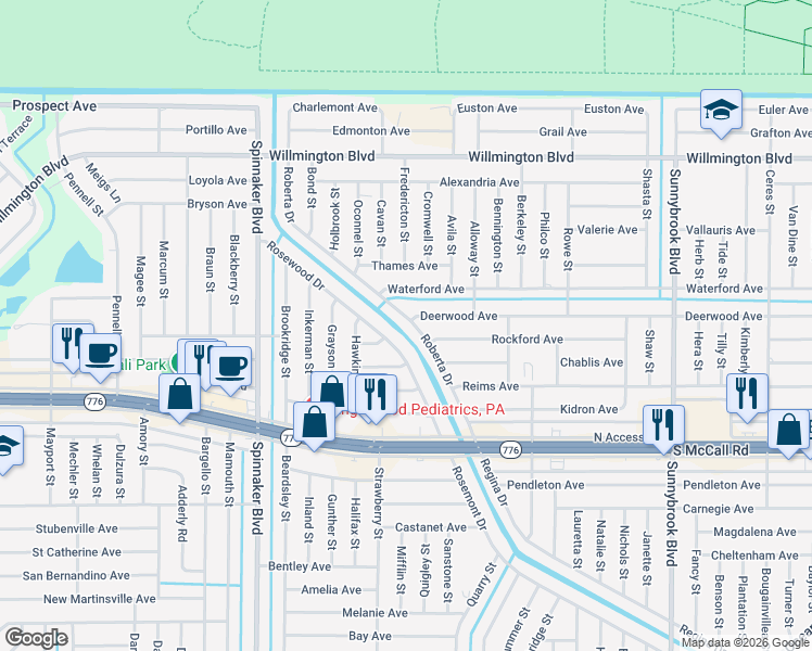 map of restaurants, bars, coffee shops, grocery stores, and more near 6377 Roberta Drive in Englewood