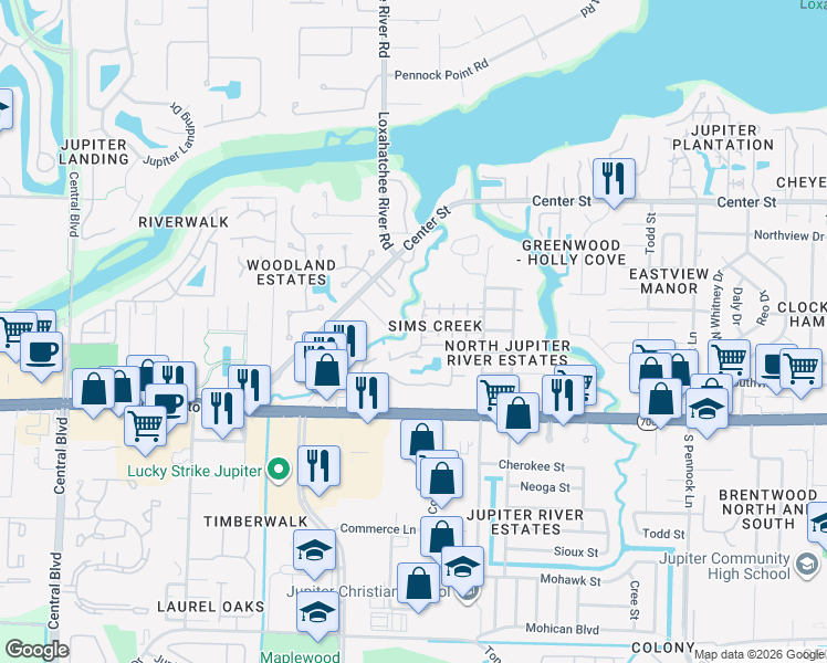 map of restaurants, bars, coffee shops, grocery stores, and more near 208 Sims Creek Drive in Jupiter