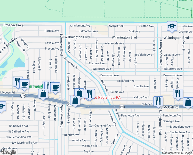 map of restaurants, bars, coffee shops, grocery stores, and more near 6377 Roberta Drive in Englewood