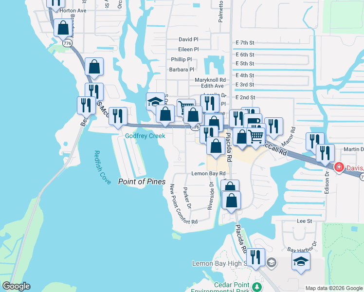 map of restaurants, bars, coffee shops, grocery stores, and more near 1495 New Point Comfort Road in Englewood