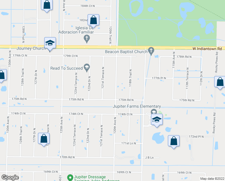 map of restaurants, bars, coffee shops, grocery stores, and more near 17625 Alexander Run in Jupiter