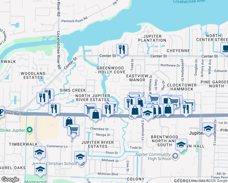map of restaurants, bars, coffee shops, grocery stores, and more near 305 Stillwater Court in Jupiter