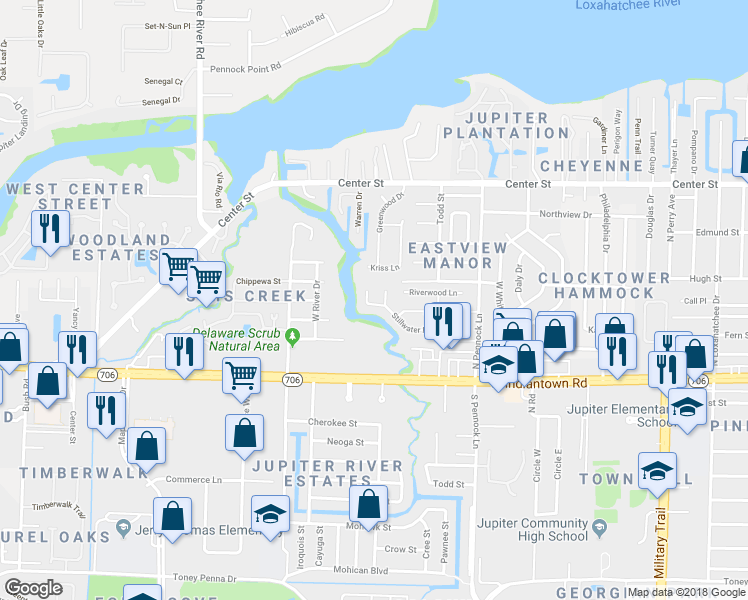 map of restaurants, bars, coffee shops, grocery stores, and more near 1115 Stillwater Drive in Jupiter