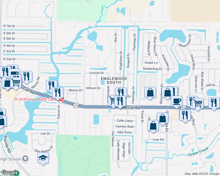 map of restaurants, bars, coffee shops, grocery stores, and more near 1289 Jefferson Drive in Englewood