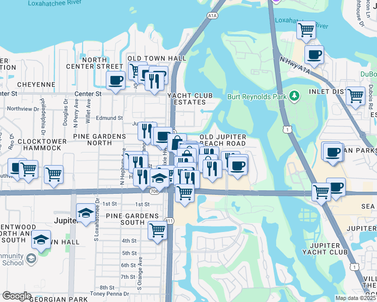 map of restaurants, bars, coffee shops, grocery stores, and more near Old Jupiter Beach Road & Jupiter Lane in Jupiter