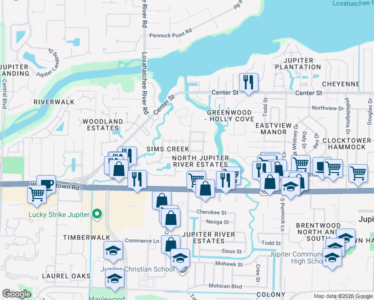 map of restaurants, bars, coffee shops, grocery stores, and more near 302 North Delaware Boulevard in Jupiter