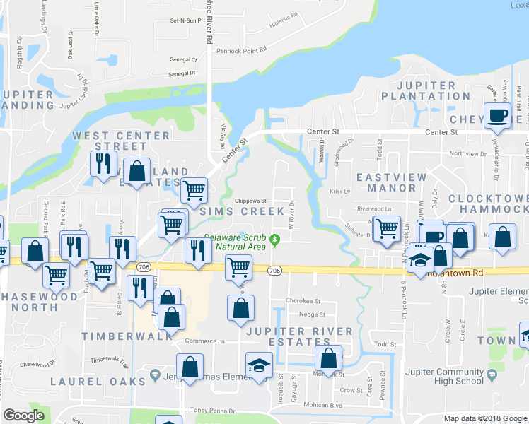map of restaurants, bars, coffee shops, grocery stores, and more near 1303 Arapaho Street in Jupiter