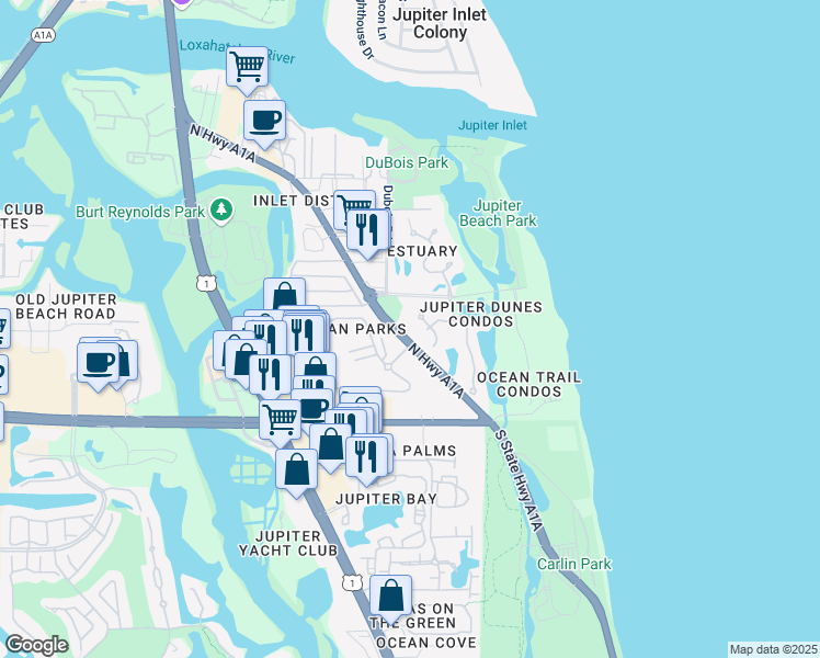 map of restaurants, bars, coffee shops, grocery stores, and more near 351 North Highway A1A in Jupiter