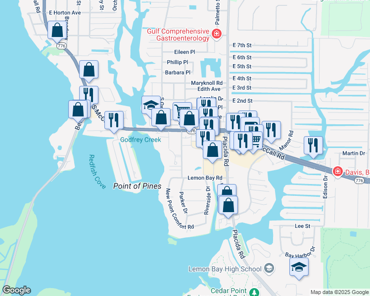 map of restaurants, bars, coffee shops, grocery stores, and more near 1495 New Point Comfort Road in Englewood