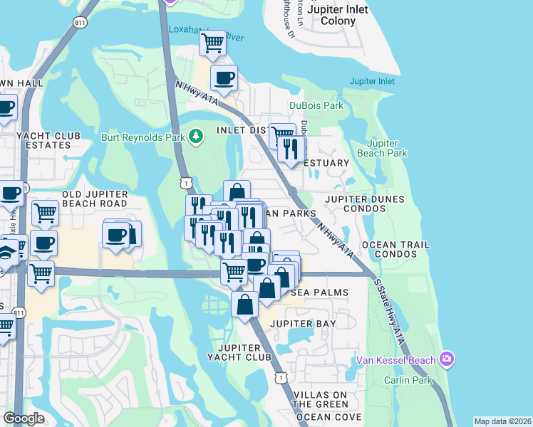 map of restaurants, bars, coffee shops, grocery stores, and more near 300 North Highway A1A in Jupiter