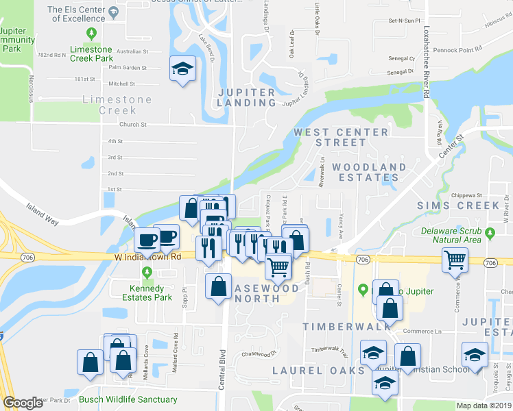 map of restaurants, bars, coffee shops, grocery stores, and more near 6375 Riverwalk Lane in Jupiter