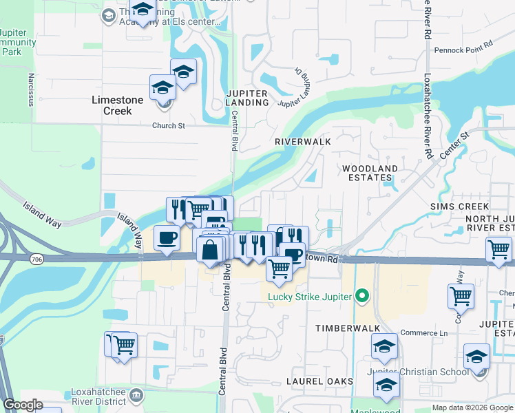map of restaurants, bars, coffee shops, grocery stores, and more near 6359-2 Riverwalk Lane in Jupiter