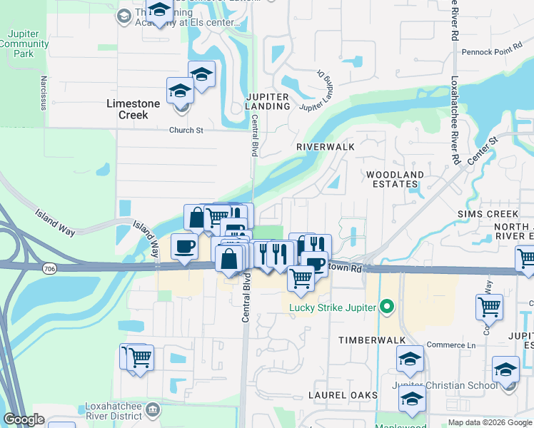 map of restaurants, bars, coffee shops, grocery stores, and more near 6359-2 Riverwalk Lane in Jupiter