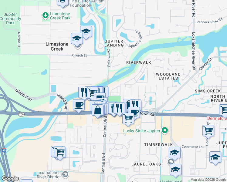 map of restaurants, bars, coffee shops, grocery stores, and more near 6359-2 Riverwalk Lane in Jupiter