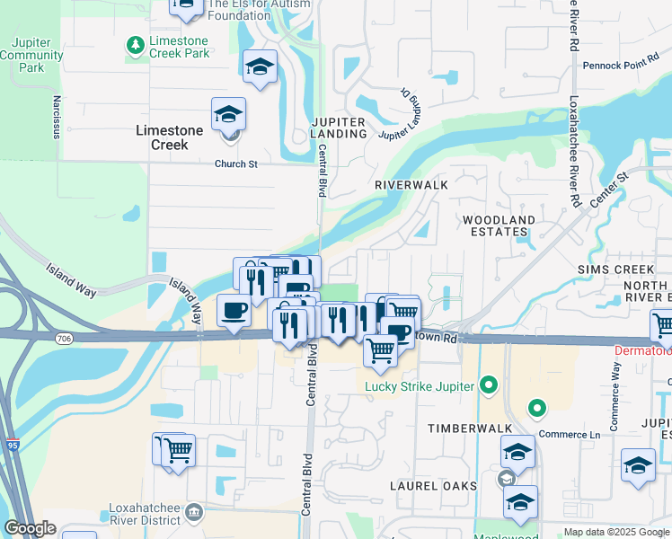 map of restaurants, bars, coffee shops, grocery stores, and more near 6391 Riverwalk Lane in Jupiter