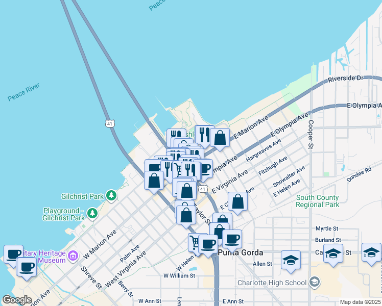 map of restaurants, bars, coffee shops, grocery stores, and more near in Punta Gorda