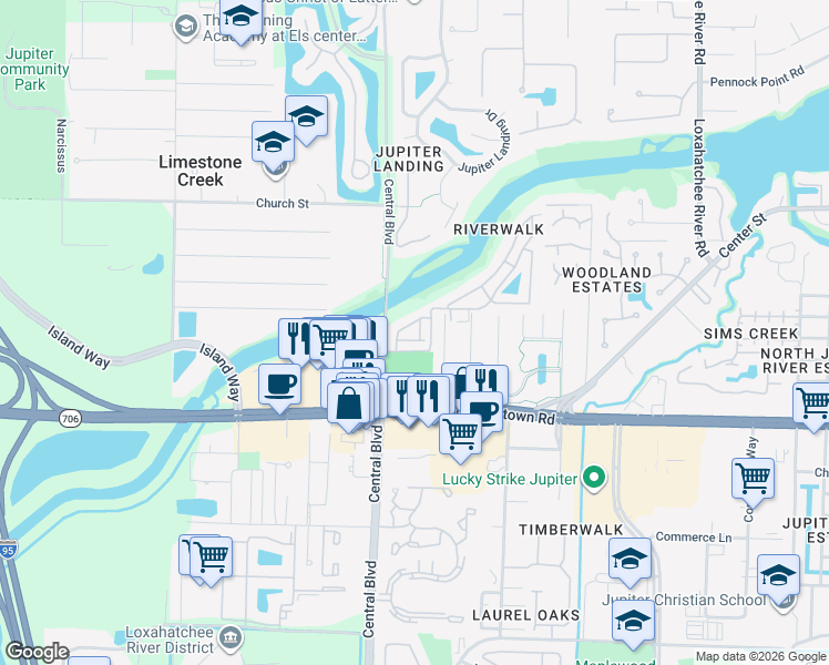 map of restaurants, bars, coffee shops, grocery stores, and more near 6335 Riverwalk Lane in Jupiter