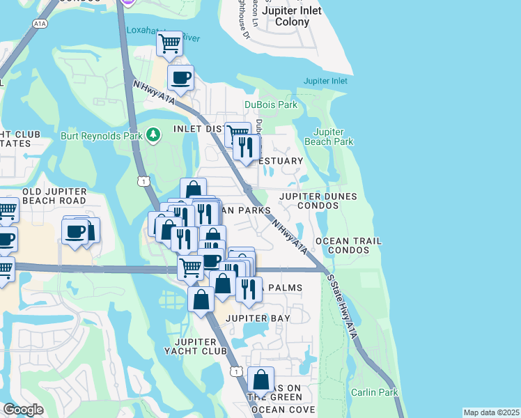 map of restaurants, bars, coffee shops, grocery stores, and more near 400 Florida A1A in Jupiter