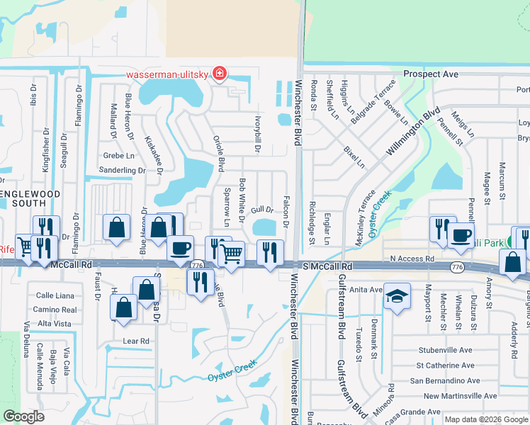 map of restaurants, bars, coffee shops, grocery stores, and more near 8509 Gull Drive in Englewood