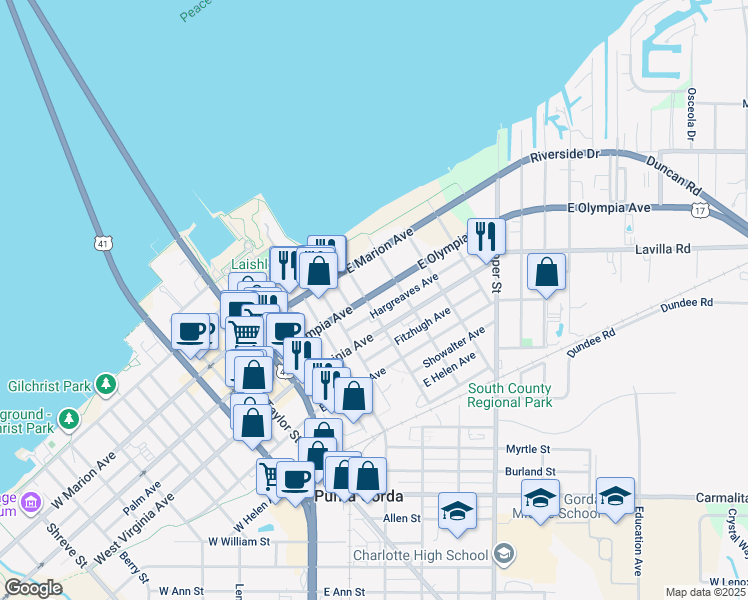 map of restaurants, bars, coffee shops, grocery stores, and more near 417 Hargreaves Avenue in Punta Gorda